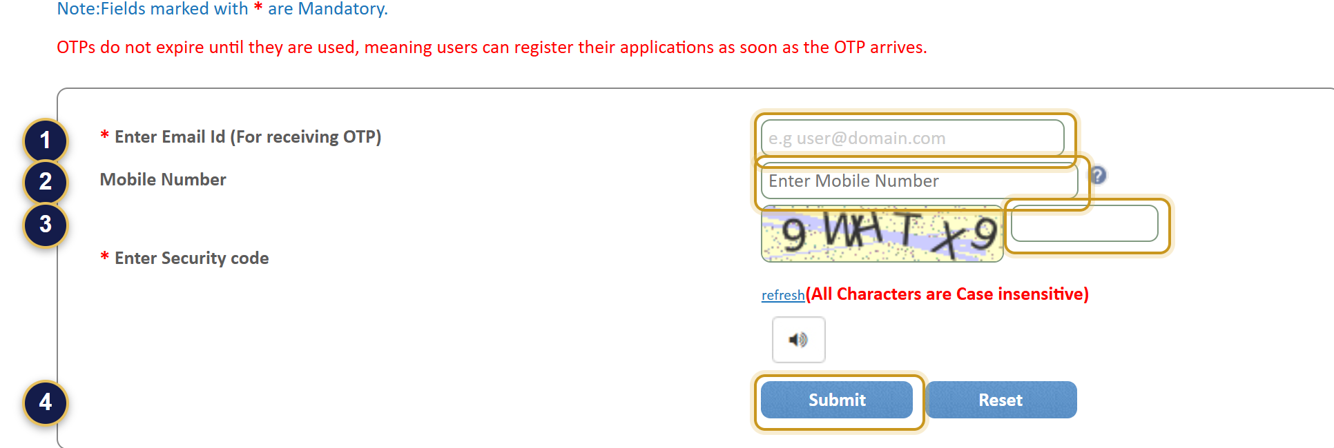 The first screen of the RTI Online request flow, showing four highlighted fields: the email ID that receives the OTP, an optional mobile number, the security code (captcha) box, and the Submit button.